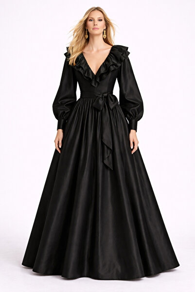 MERT ERKAN V-Yakalı & Fırfır Detaylı, Balon Kollu Tafta Maxi Elbise