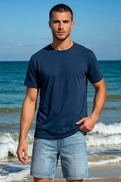 RunGear Up Men's Navy Blue 100% Cotton Crew Neck T-Shirt - Premium Basic Shor...