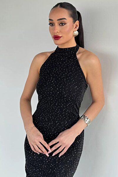 Safgiyim44 Special Occasion Halter Neck Low-Cut Long Dress - Black