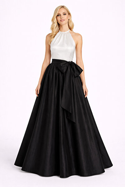 UNTIMELY - Uzun Sabit Kuşak Detaylı Siyah Tam Daire Tafta Maxi Etek