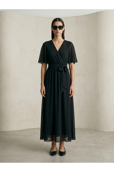 Phoenix Women Double Breasted Collar Short Sleeve Chiffon Dress