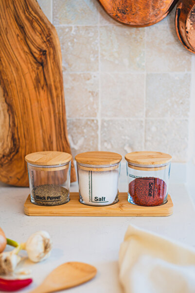 Rakle Daily Bamboo Lid and Stand 3-Piece Spice Rack Set 380 Cc