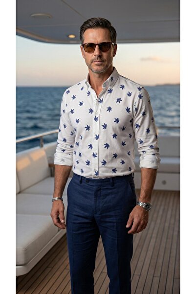 MEGALDİ Erkek Slim Fit Beyaz Yaprak Desenli Uzun Kollu Gömlek