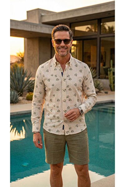 MEGALDİ Erkek Slim Fit Kesim Keten Yeşil Uzun Kollu Gömlek