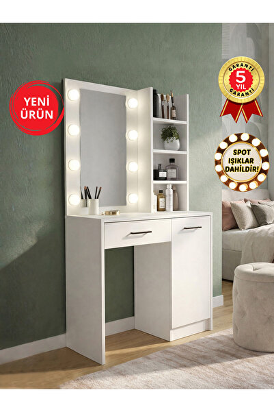 dorpek Rendos Işıklı Aynalı Holywood Makyaj Masası, Çekmeceli, Raflı & Dolapl...