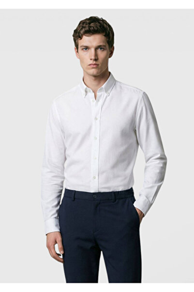 Ramsey Λευκό απλό υφαντό casual πουκάμισο