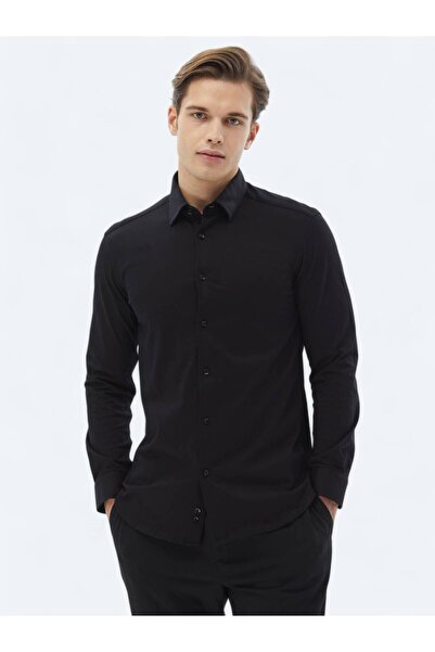 Kip Siyah Düz Regular Fit Dokuma Casual %100 Pamuk Gömlek