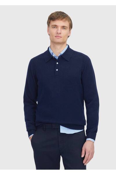 Ramsey Navy Blue Polo Neck Plain Knit 100% Cashmere Sweater