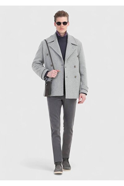 Ramsey Gri Slim Fit Kruvaze Yaka Casual Örme Palto