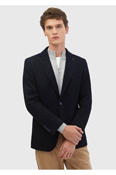 Ramsey Lacivert Desenli Shirt Shoulder Slim Fit Yün Karışımlı Örme Ceket