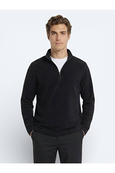 Kip Black Mock Neck Plain Fleece Sweatshirt
