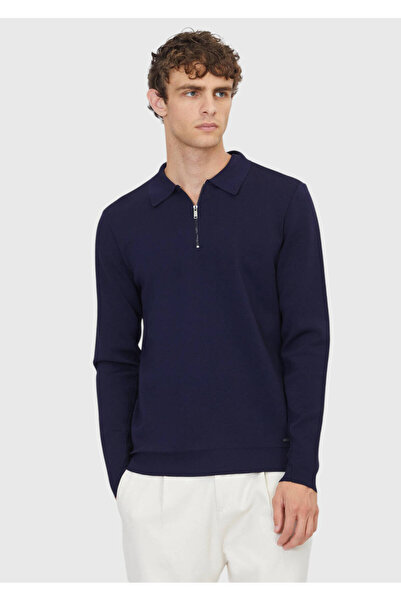 Ramsey Navy Blue Polo Neck Plain Knit Sweater