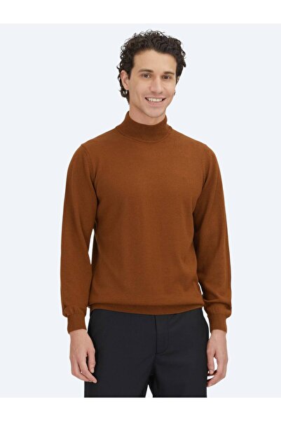 Kip Deve Tüyü Yarım Balıkçı Yaka Düz Örgü Yün Karışımlı Triko Kazak