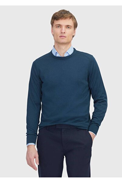 Ramsey Petrol Crew Neck Plain Knit Wool Blend Sweater