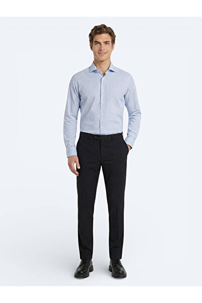 Kip Black Plain Weave Fitted Fit Classic Wool Blend Trousers