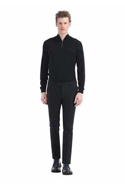 Ramsey Navy Blue Slim Fit Casual Cotton Blend Straight Trousers
