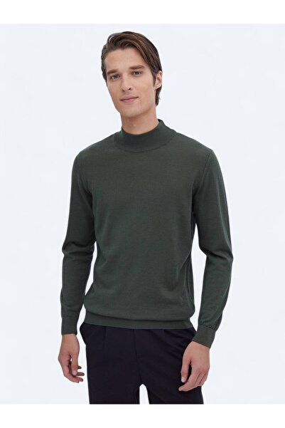 Kip Yeşil Yarım Balıkçı Yaka Düz Örgü Yün Karışımlı Triko Kazak