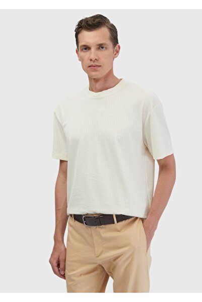 Ramsey Μπλουζάκι Ecru με Ζακάρ και Στρογγυλή Λαιμόκοψη