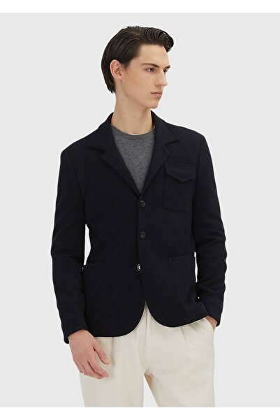 Ramsey Dark Navy Plain Shirt Shoulder Slim Fit Wool Blended Knitted Jacket
