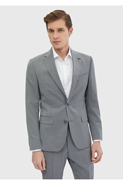 Ramsey Gri Çizgili Zeroweight Slim Fit %100 Yün Takım Elbise