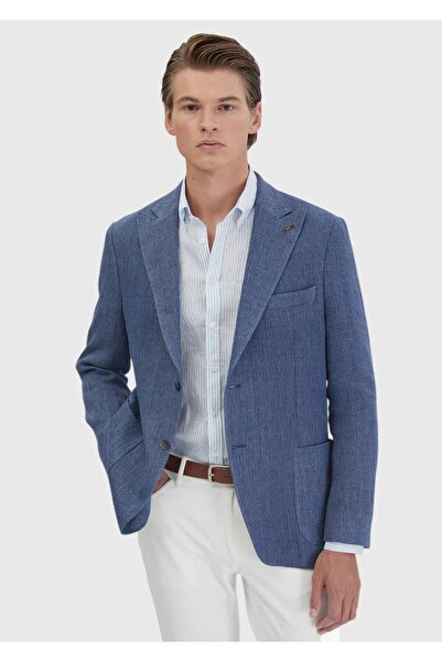 Ramsey Açık İndigo Düz Shirt Shoulder Slim Fit Keten Karışımlı Ceket