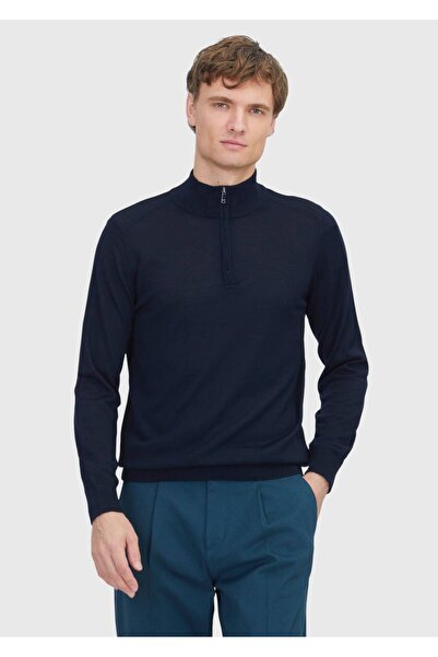 Ramsey Navy Blue Half Turtleneck Plain Knit Wool Blended Sweater