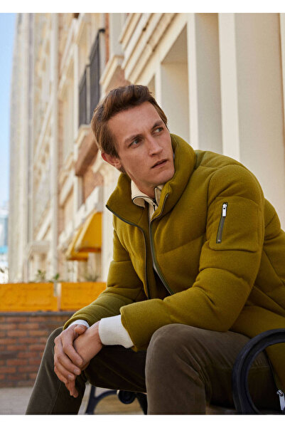 Ramsey Oil Green Regular Fit Stand Collar Casual Woven Coat