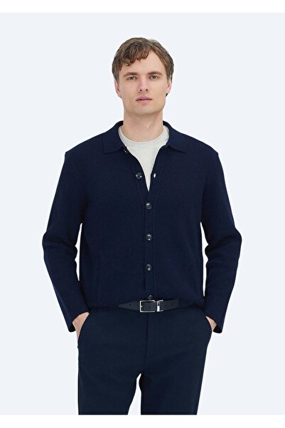 Ramsey Navy Blue Polo Neck Plain Knit Wool Blend Cardigan