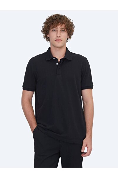 Kip Siiah Duz Polo Iaka% 100 Pamuk majica