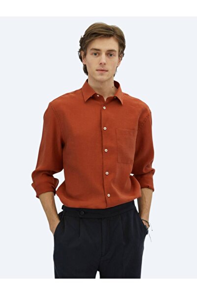 Kip Kiremit Düz Oversize Fit Dokuma Casual Gömlek