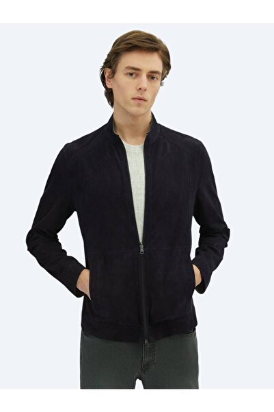 Kip Lacivert Regular Fit Dik Yaka Smart Casual Deri Çift Taraflı Deri Mont