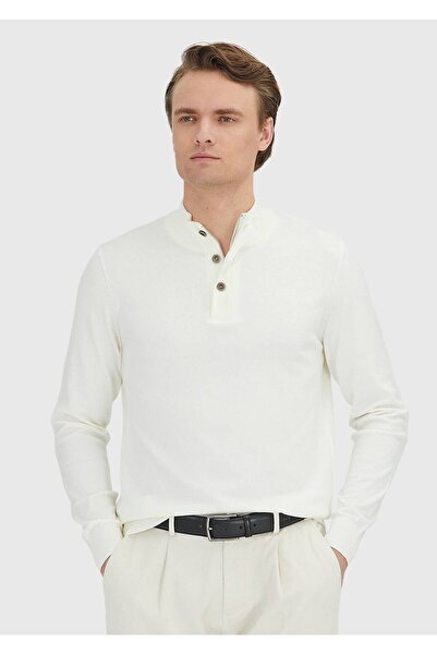 Ramsey Ecru Polo Neck Plain Knit Sweater