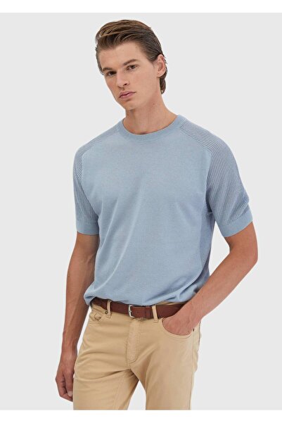 Ramsey Açık Mavi Bisiklet Yaka Jakarlı Keten Karışımlı Triko