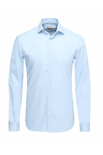 Kip Cămașă clasică din amestec de bumbac, albastră, simplă, cu croiala normală