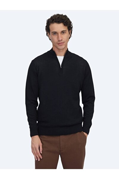 Kip Siyah Bato Yaka Jakarlı Yün Karışımlı Triko Kazak