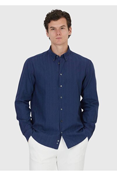 Ramsey Μπλουζάκι με μπλε μονόχρωμο υφαντό casual βαμβακερό μείγμα