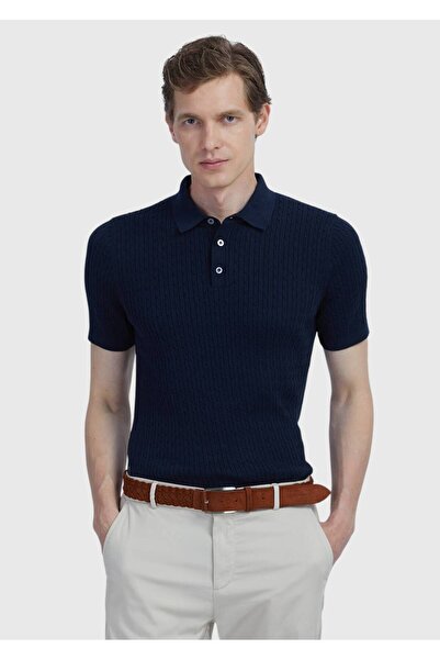 Ramsey Navy Blue Polo Neck Jacquard Cotton Blended Knitwear
