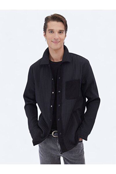 Kip Siyah Düz Regular Fit Dokuma Overshırt