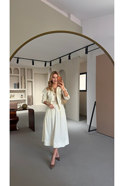 Sezgi Tekin Pocket Detail Cream Midi A-Line Skirt