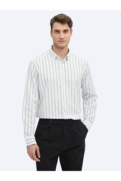 Kip Καφέ ριγέ κανονική εφαρμογή υφαντό casual 100% βαμβακερό πουκάμισο