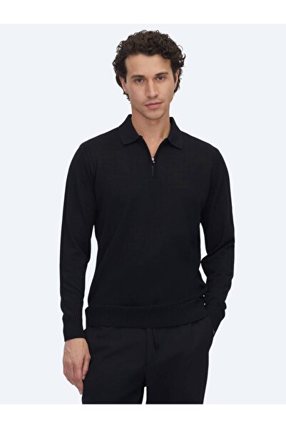 Kip Black Polo Neck Jacquard Wool Blend Knit Sweater