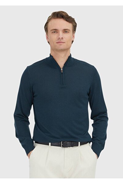 Ramsey Петролен пуловер с половин цип, рибарска яка и гладка плетена вълнена ...