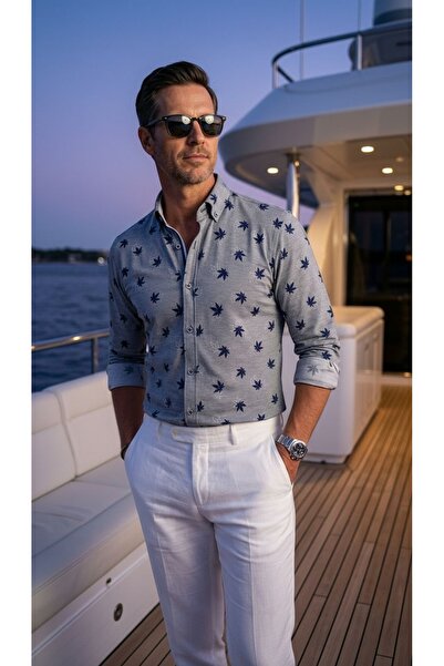 MEGALDİ Erkek Slim Fit İndigo Yaprak Desenli Uzun Kollu Gömlek