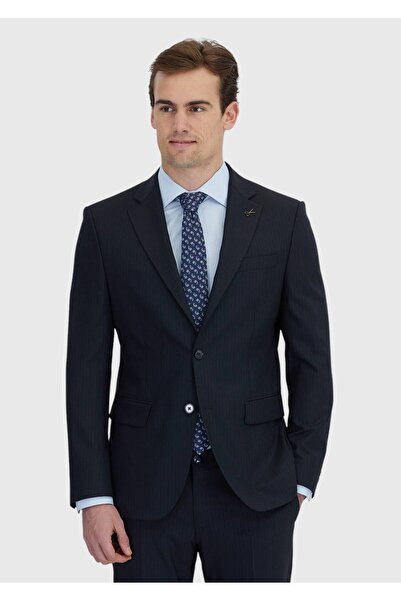 Ramsey Koyu Lacivert Çizgili Modern Fit Yün Karışımlı Takım Elbise