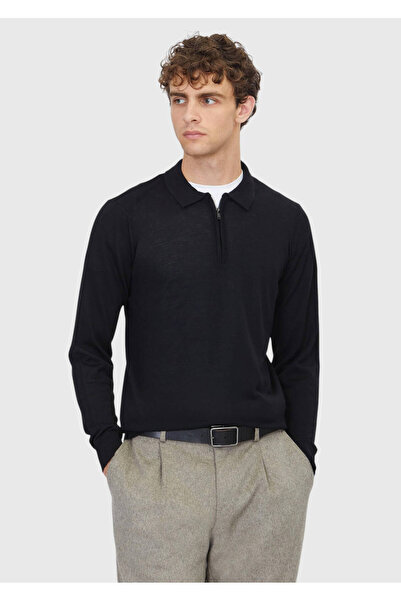 Ramsey Black Polo Neck Plain Knit Wool Blended Sweater