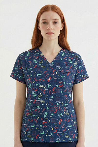 Qule Üniforma Medical Desenli Unisex Atlas Kısa Kol Kanguru Cep Hemşire & Dok...