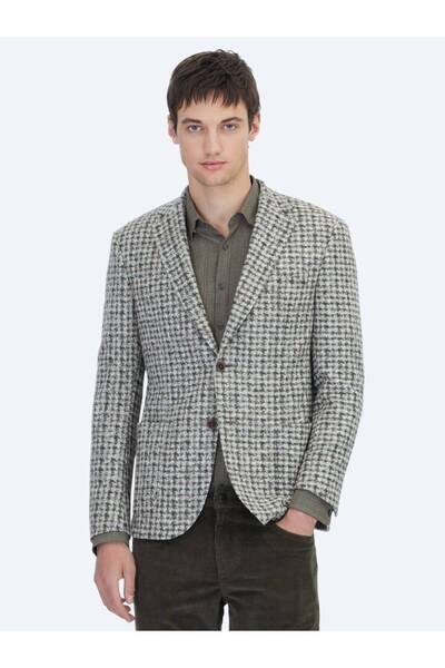 Kip Khaki Patterned Modern Fit Wool Blend Knitted Jacket