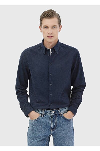 Ramsey Μπλε Navy ριγέ Casual Fit Woven Casual 100% βαμβακερό πουκάμισο