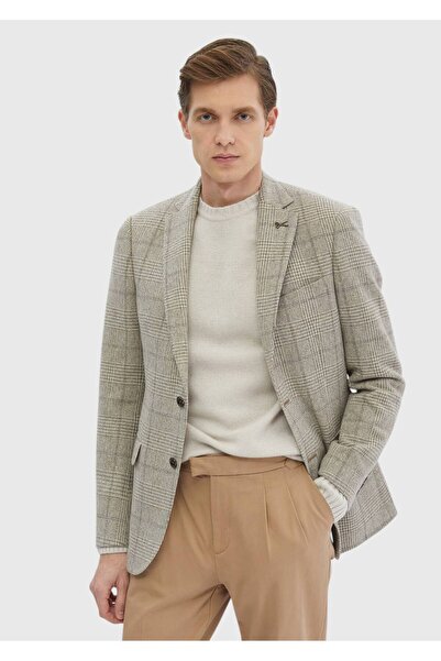 Ramsey Bej Desenli Regular Fit Yün Karışımlı Ceket
