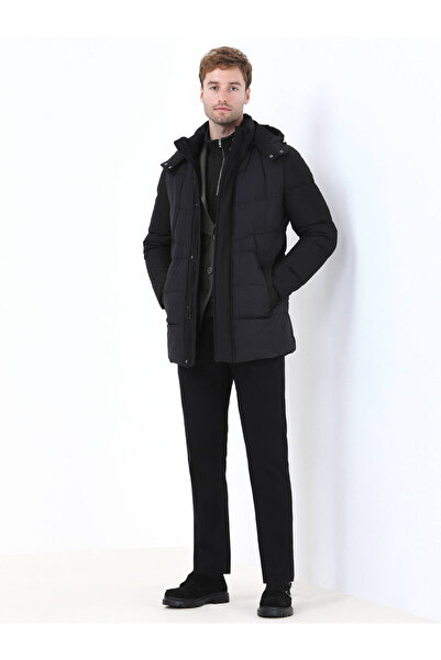 Kip Siyah Regular Fit Kapüşonlu Casual Dokuma Kaban